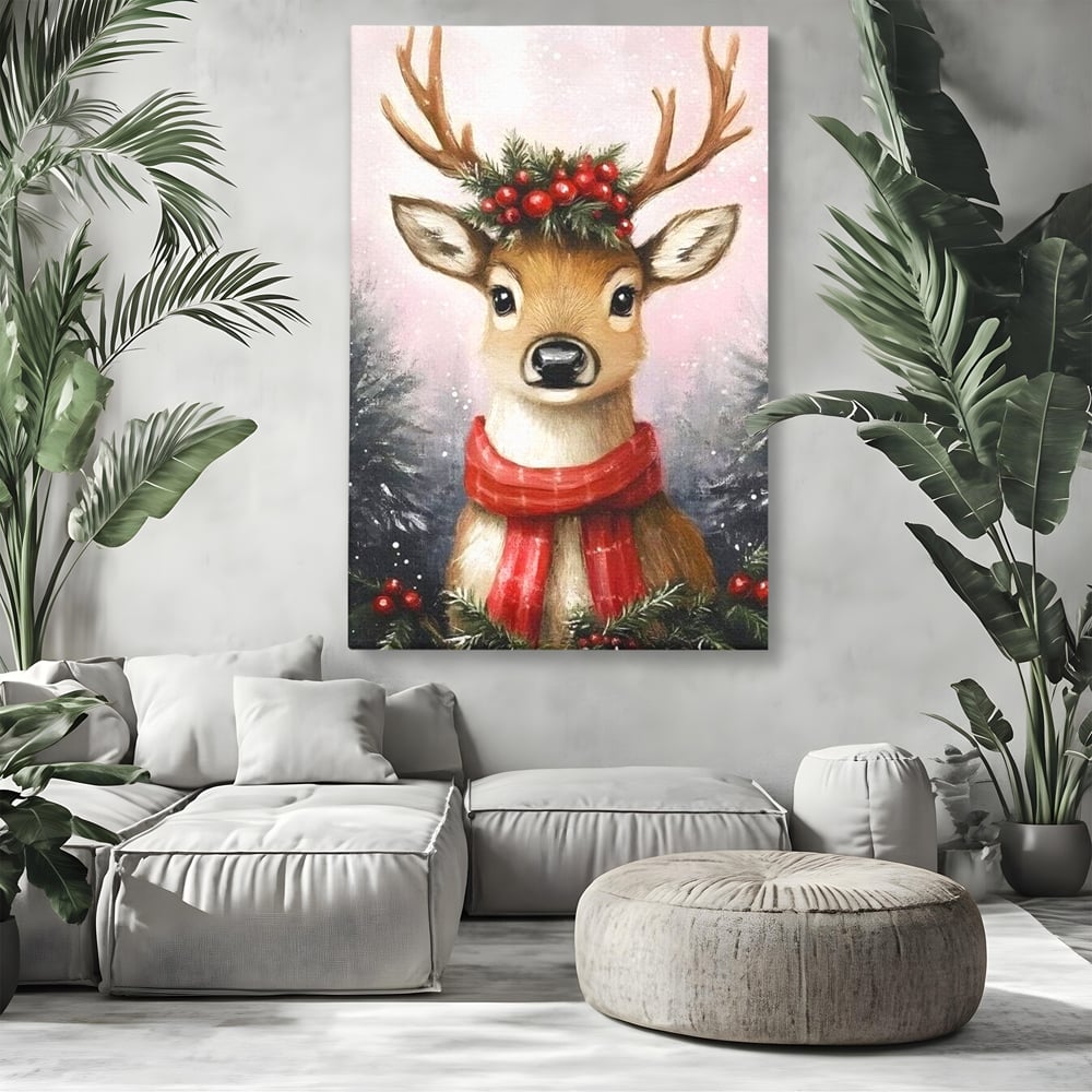 Tablou canvas cu tablou canvas cu ren festiv, fara rama, pe sasiu de lemn, pe perete intr-un living